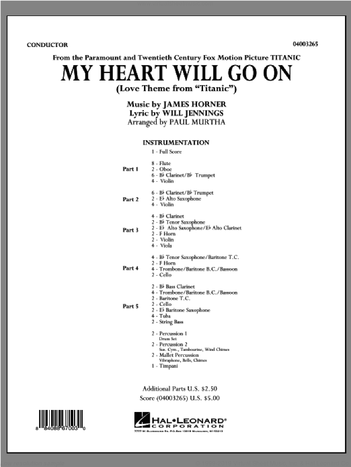 My Heart Will Go On (from Titanic) (COMPLETE) sheet music for concert band by Paul Murtha, Celine Dion, James Horner and Will Jennings, wedding score, intermediate skill level