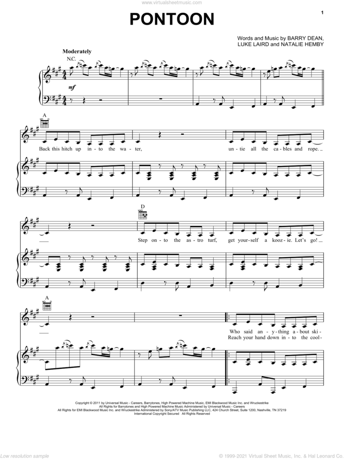 Pontoon sheet music for voice, piano or guitar by Little Big Town, Barry Dean, Luke Laird and Natalie Hemby, intermediate skill level