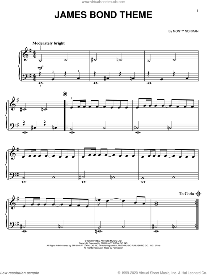 James Bond Theme sheet music for piano solo by Monty Norman, easy skill level
