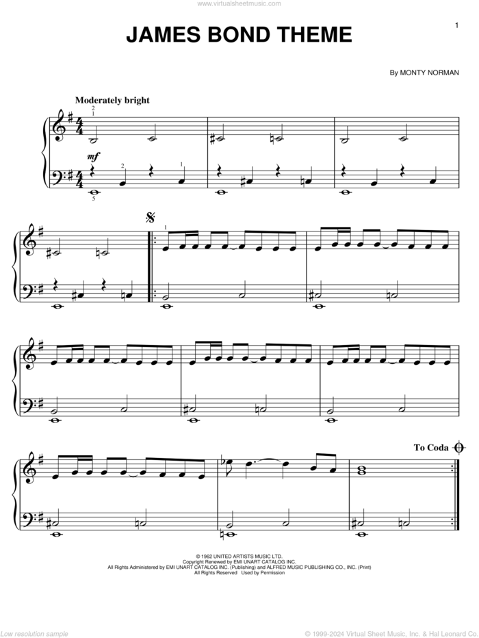 James Bond Theme, (easy) sheet music for piano solo by Monty Norman, easy skill level