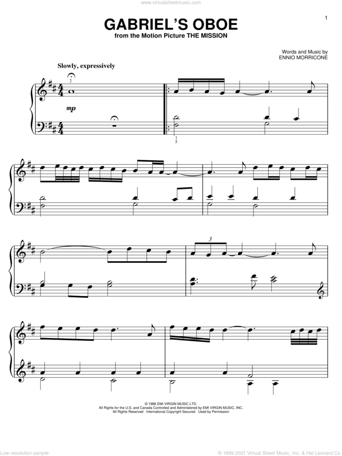 Gabriel's Oboe (from The Mission) sheet music for piano solo by Ennio Morricone, easy skill level