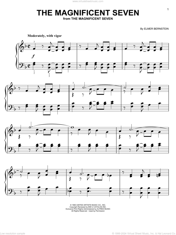 The Magnificent Seven, (easy) sheet music for piano solo by Elmer Bernstein, easy skill level