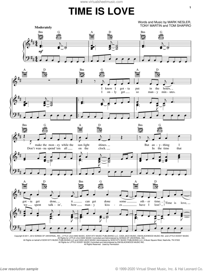 Time Is Love sheet music for voice, piano or guitar by Josh Turner, Mark Nesler, Tom Shapiro and Tony Martin, intermediate skill level