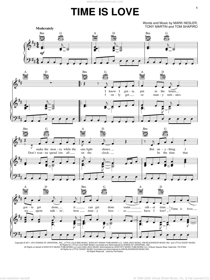 Time Is Love sheet music for voice, piano or guitar by Josh Turner, Mark Nesler, Tom Shapiro and Tony Martin, intermediate skill level