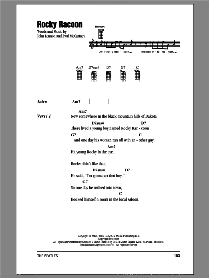 Rocky Raccoon sheet music for ukulele (chords) by The Beatles, John Lennon and Paul McCartney, intermediate skill level