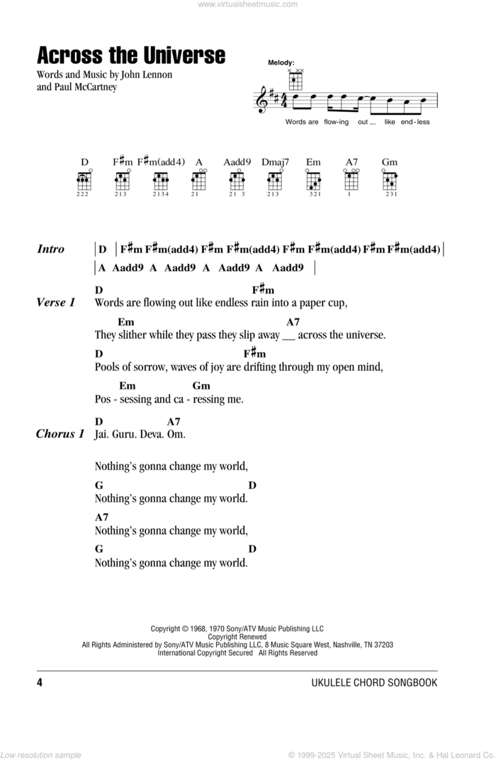 Across The Universe sheet music for ukulele (chords) by The Beatles, John Lennon and Paul McCartney, intermediate skill level