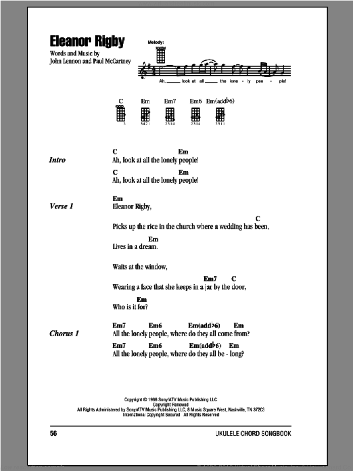Eleanor Rigby sheet music for ukulele (chords) by The Beatles, John Lennon and Paul McCartney, intermediate skill level