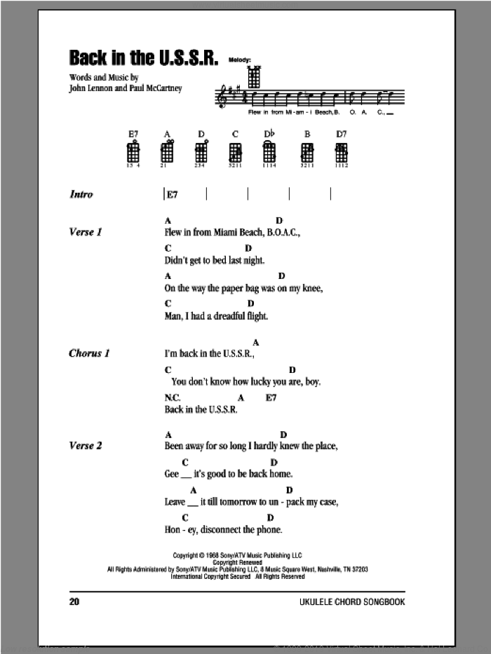 Back In The U.S.S.R. sheet music for ukulele (chords) by The Beatles, Chubby Checker, John Lennon and Paul McCartney, intermediate skill level