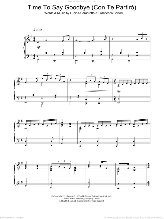 Time To Say Goodbye (Con Te Partiro) sheet music for piano solo by Lucio Quarantotto, Francesco Sartori and Frank Peterson, intermediate skill level