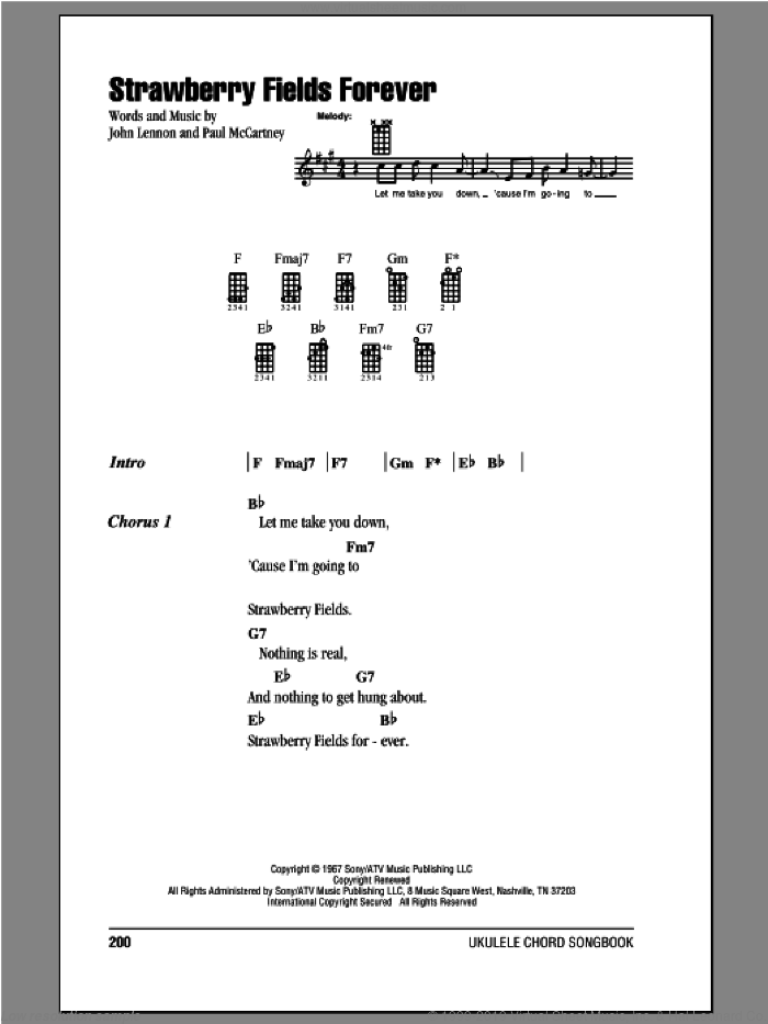 Strawberry Fields Forever sheet music for ukulele (chords) by The Beatles, John Lennon and Paul McCartney, intermediate skill level