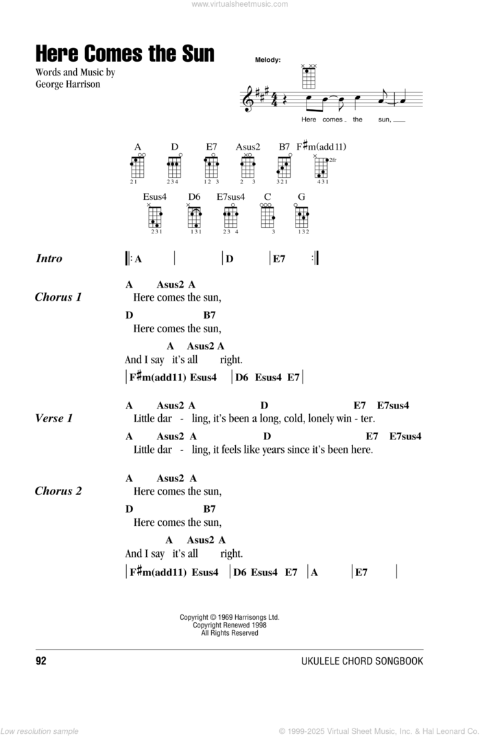 Here Comes The Sun sheet music for ukulele (chords) by The Beatles and George Harrison, intermediate skill level