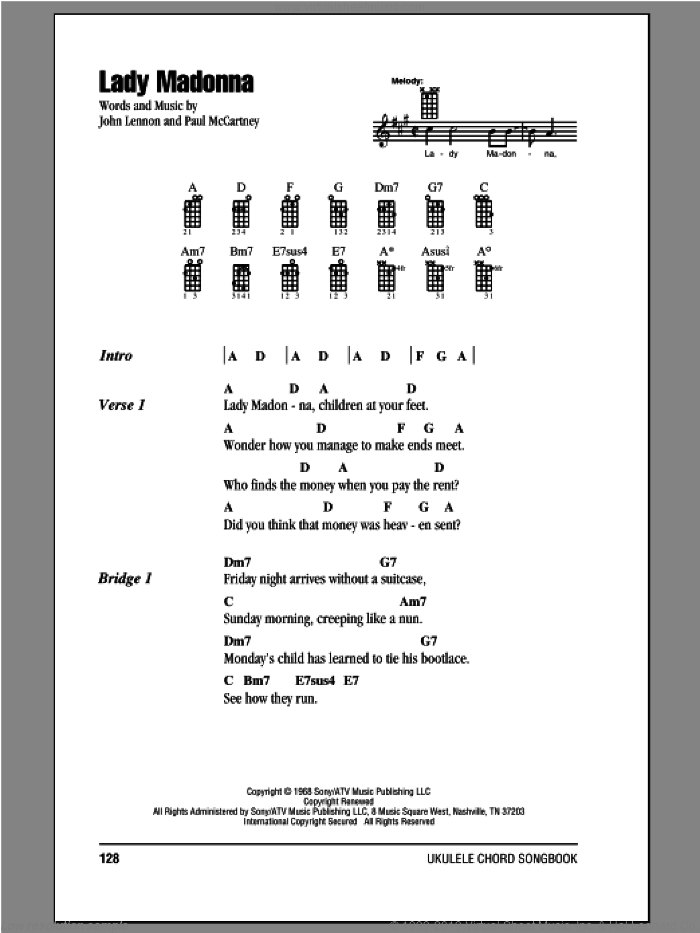 Lady Madonna sheet music for ukulele (chords) by The Beatles, John Lennon and Paul McCartney, intermediate skill level