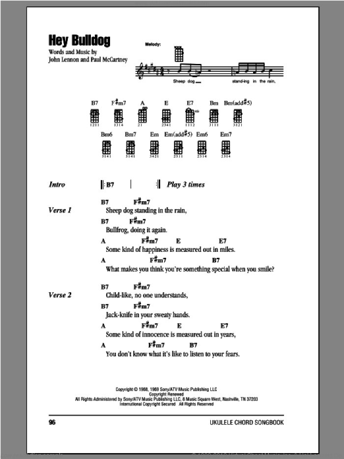 Hey Bulldog sheet music for ukulele (chords) by The Beatles, John Lennon and Paul McCartney, intermediate skill level