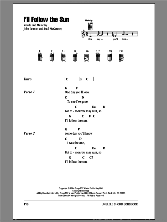 I'll Follow The Sun sheet music for ukulele (chords) by The Beatles, John Lennon and Paul McCartney, intermediate skill level
