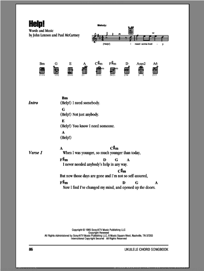 Help! sheet music for ukulele (chords) by The Beatles, John Lennon and Paul McCartney, intermediate skill level