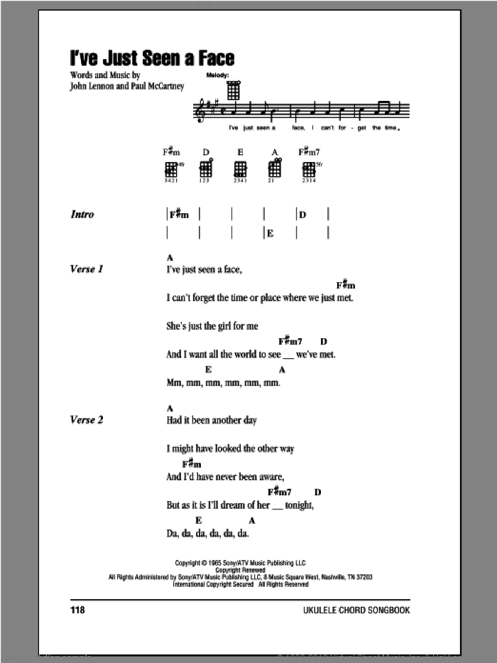 I've Just Seen A Face sheet music for ukulele (chords) by The Beatles, John Lennon and Paul McCartney, intermediate skill level