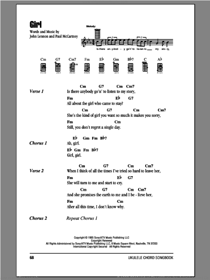 Girl sheet music for ukulele (chords) by The Beatles, John Lennon and Paul McCartney, intermediate skill level