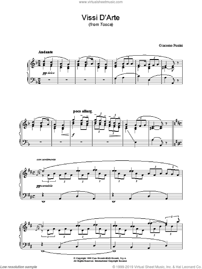 Vissi D'Arte (from Tosca) sheet music for piano solo by Giacomo Puccini, Giuseppe Giacosa and Luigi Illica, classical score, intermediate skill level