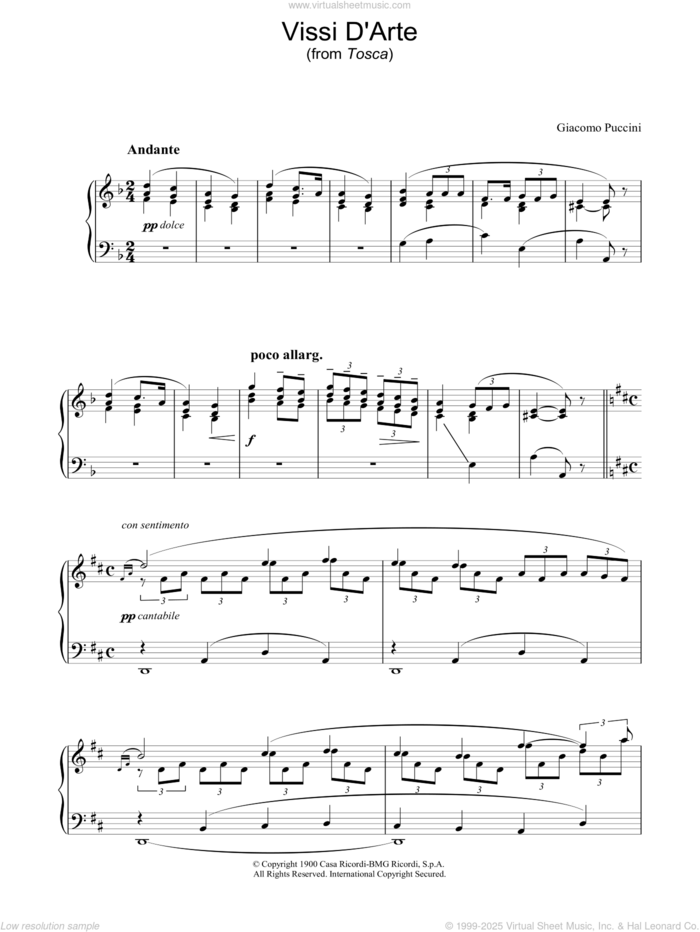 Vissi D'Arte (from Tosca) sheet music for piano solo by Giacomo Puccini, Giuseppe Giacosa and Luigi Illica, classical score, intermediate skill level