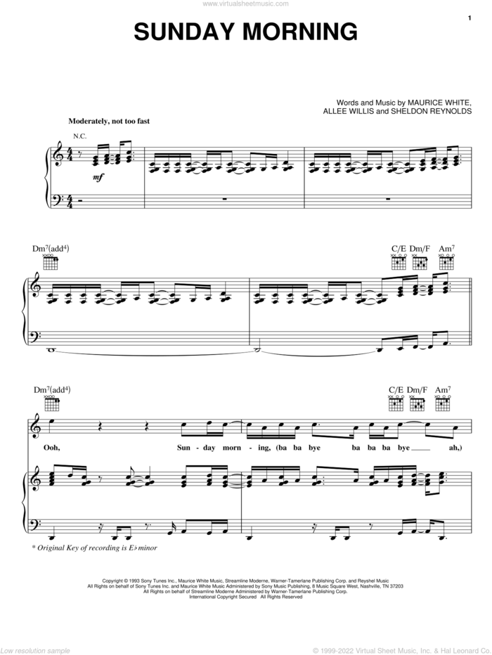 Sunday Morning sheet music for voice, piano or guitar by Earth, Wind & Fire, Allee Willis, Maurice White and Sheldon Reynolds, intermediate skill level