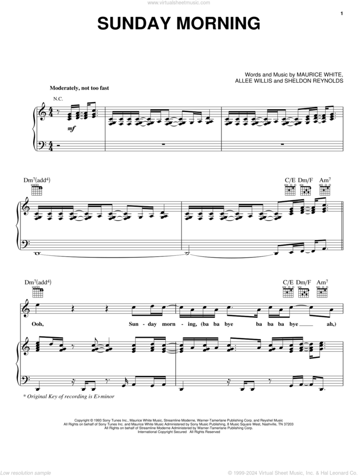 Sunday Morning sheet music for voice, piano or guitar by Earth, Wind & Fire, Allee Willis, Maurice White and Sheldon Reynolds, intermediate skill level