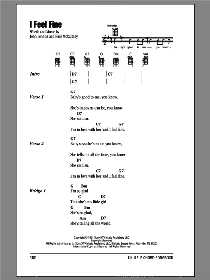 I Feel Fine sheet music for ukulele (chords) by The Beatles, John Lennon and Paul McCartney, intermediate skill level