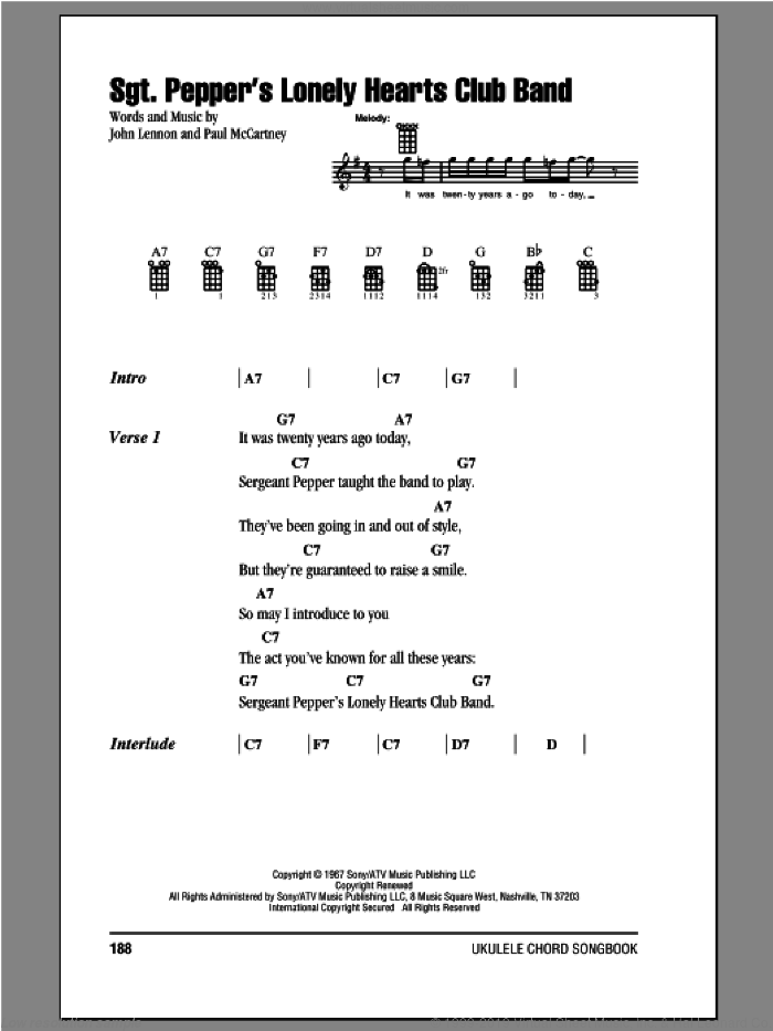Sgt. Pepper's Lonely Hearts Club Band sheet music for ukulele (chords) by The Beatles, John Lennon and Paul McCartney, intermediate skill level