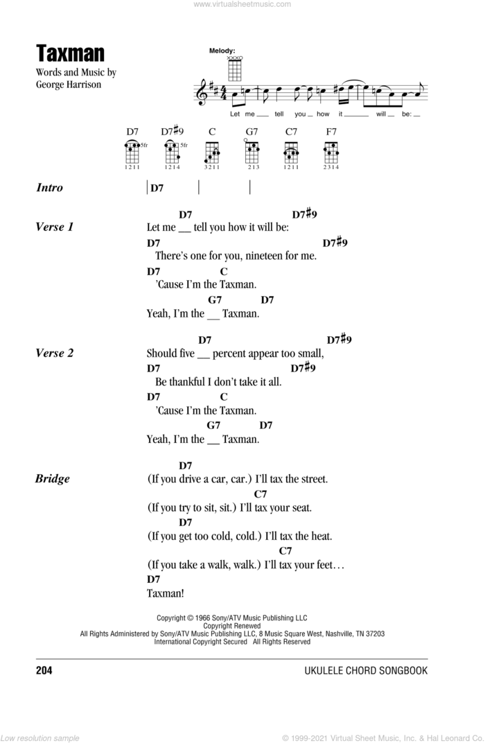 Taxman sheet music for ukulele (chords) by The Beatles and George Harrison, intermediate skill level