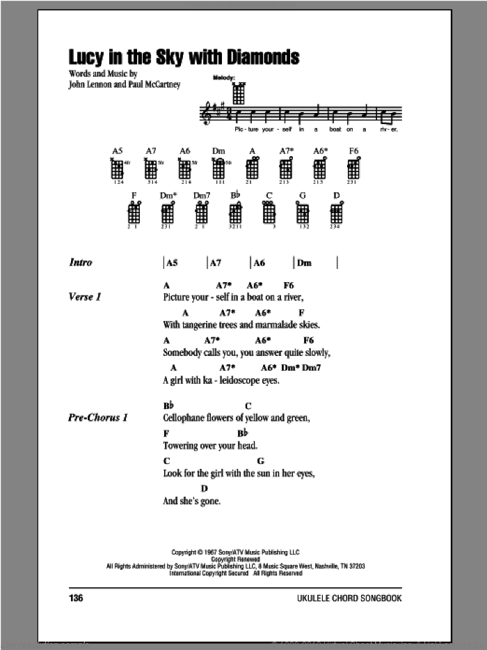 Lucy In The Sky With Diamonds sheet music for ukulele (chords) by The Beatles, John Lennon and Paul McCartney, intermediate skill level