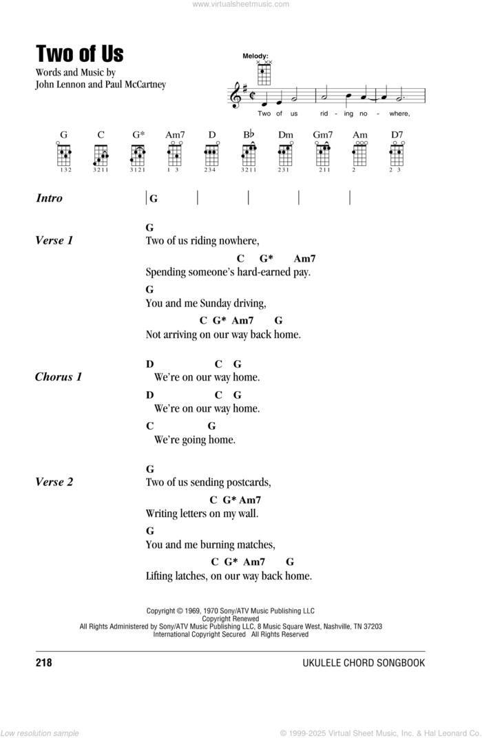 Two Of Us sheet music for ukulele (chords) by The Beatles and John Lennon, intermediate skill level