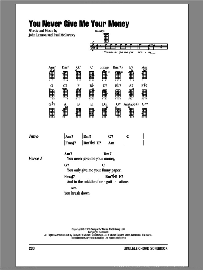 You Never Give Me Your Money sheet music for ukulele (chords) by The Beatles, John Lennon and Paul McCartney, intermediate skill level