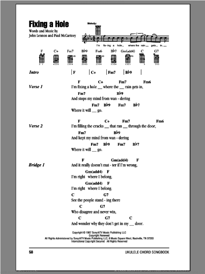 Fixing A Hole sheet music for ukulele (chords) by The Beatles, John Lennon and Paul McCartney, intermediate skill level