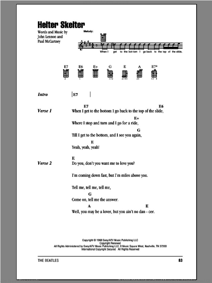 Helter Skelter sheet music for ukulele (chords) by The Beatles, John Lennon and Paul McCartney, intermediate skill level