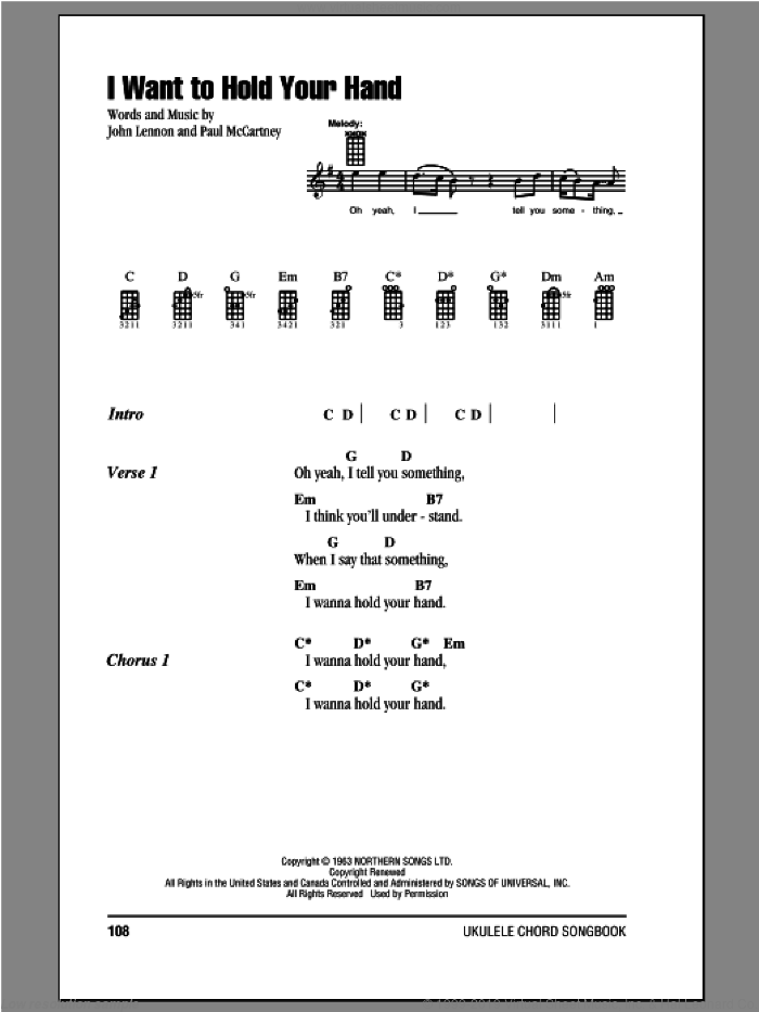 I Want To Hold Your Hand sheet music for ukulele (chords) by The Beatles, John Lennon and Paul McCartney, intermediate skill level