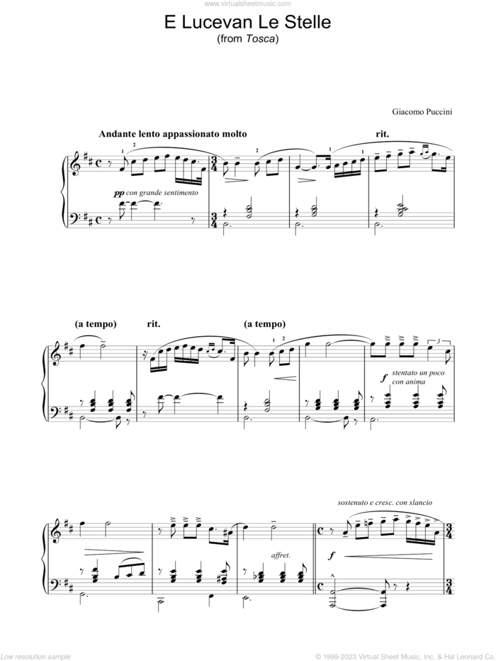 E Lucevan Le Stelle (from Tosca) sheet music for piano solo by Giacomo Puccini, Giuseppe Giacosa and Luigi Illica, classical score, intermediate skill level