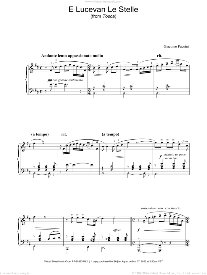 E Lucevan Le Stelle (from Tosca) sheet music for piano solo by Giacomo Puccini, Giuseppe Giacosa and Luigi Illica, classical score, intermediate skill level