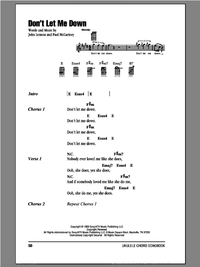 Don't Let Me Down sheet music for ukulele (chords) by The Beatles, John Lennon and Paul McCartney, intermediate skill level