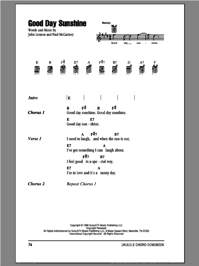 Good Day Sunshine sheet music for ukulele (chords) by The Beatles, John Lennon and Paul McCartney, intermediate skill level