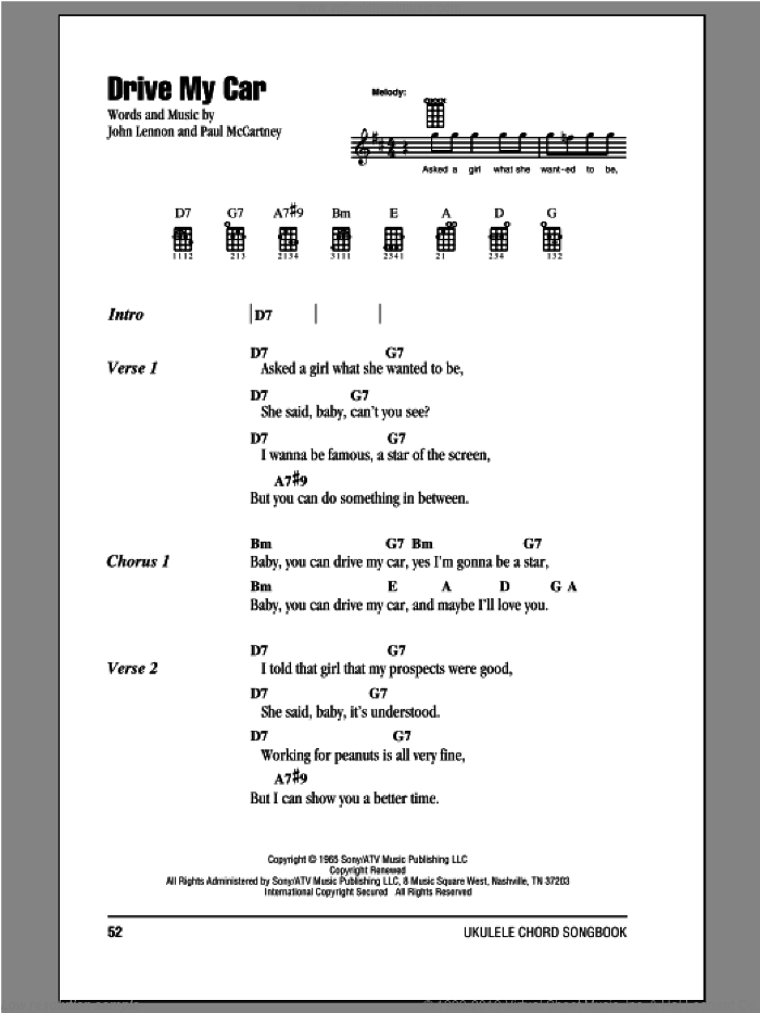 Drive My Car sheet music for ukulele (chords) by The Beatles, John Lennon and Paul McCartney, intermediate skill level