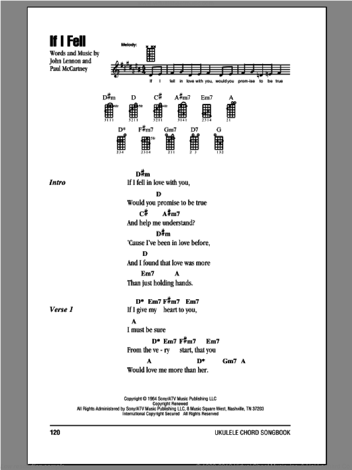 If I Fell sheet music for ukulele (chords) by The Beatles, John Lennon and Paul McCartney, intermediate skill level