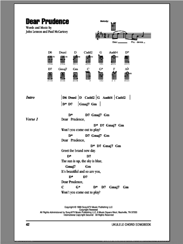 Dear Prudence sheet music for ukulele (chords) by The Beatles, John Lennon and Paul McCartney, intermediate skill level