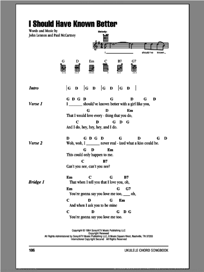 I Should Have Known Better sheet music for ukulele (chords) by The Beatles, John Lennon and Paul McCartney, intermediate skill level