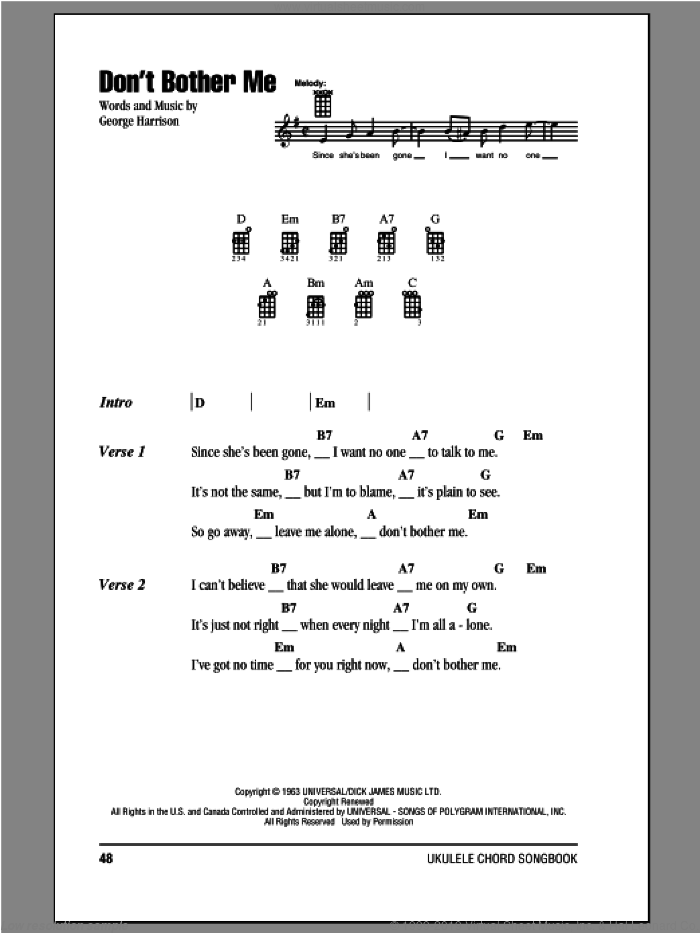 Don't Bother Me sheet music for ukulele (chords) by The Beatles and George Harrison, intermediate skill level