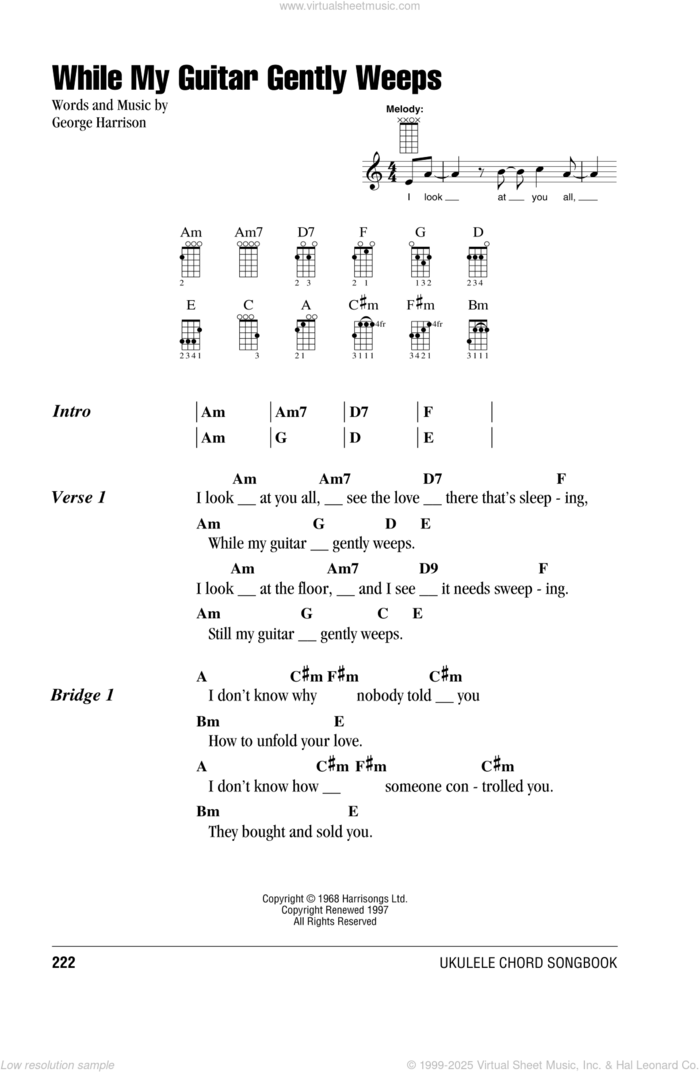 While My Guitar Gently Weeps sheet music for ukulele (chords) by The Beatles and George Harrison, intermediate skill level