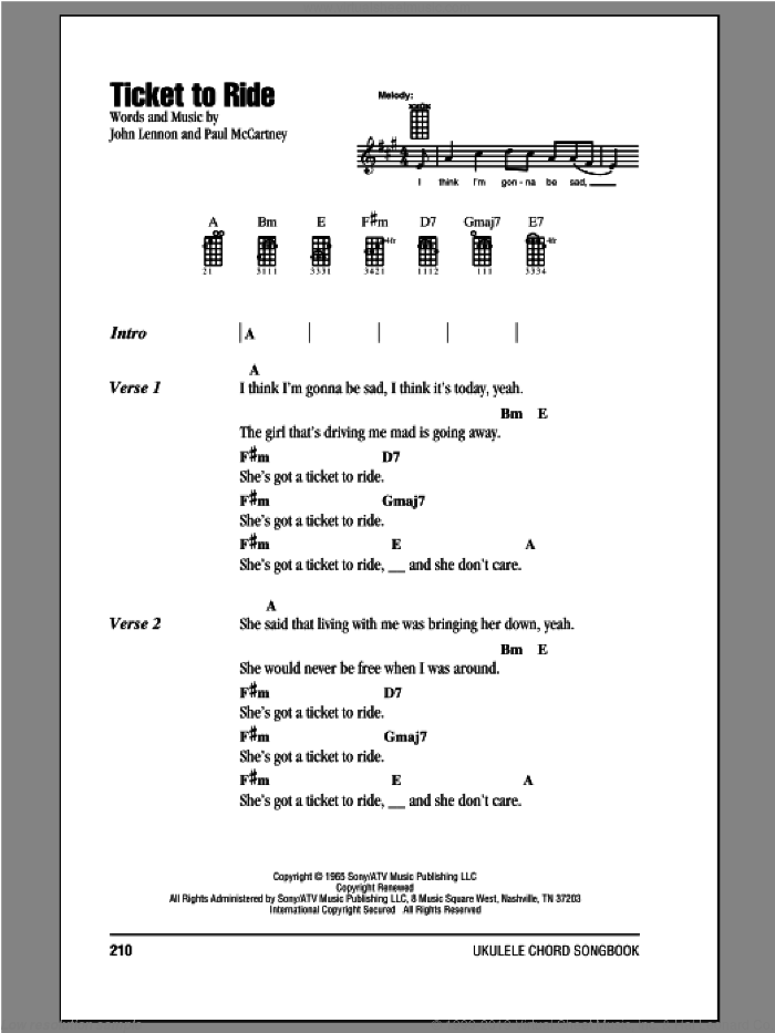 Ticket To Ride sheet music for ukulele (chords) by The Beatles, John Lennon and Paul McCartney, intermediate skill level