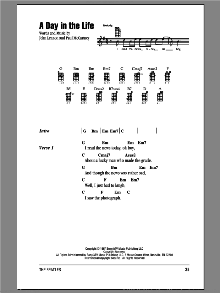 A Day In The Life sheet music for ukulele (chords) by The Beatles, John Lennon and Paul McCartney, intermediate skill level