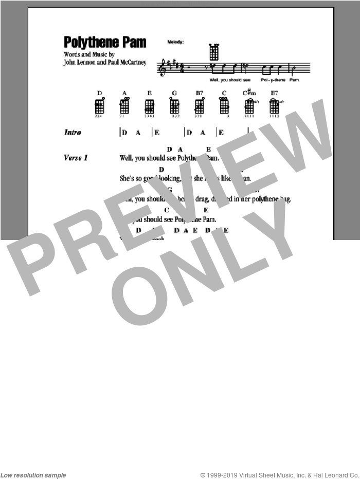 Polythene Pam sheet music for ukulele (chords) by The Beatles, John Lennon and Paul McCartney, intermediate skill level