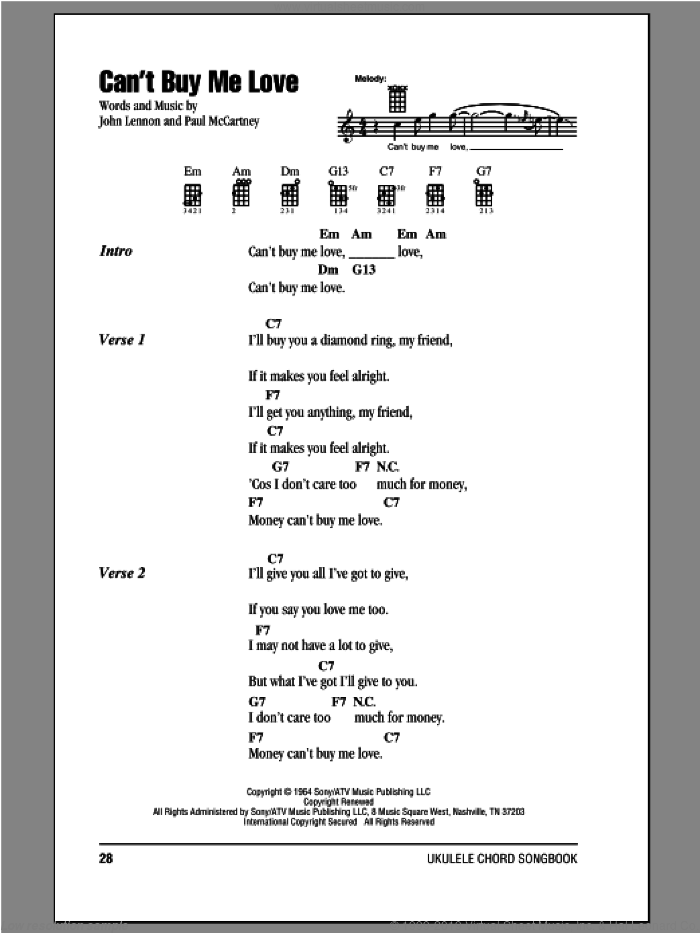 Can't Buy Me Love sheet music for ukulele (chords) by The Beatles, John Lennon and Paul McCartney, intermediate skill level