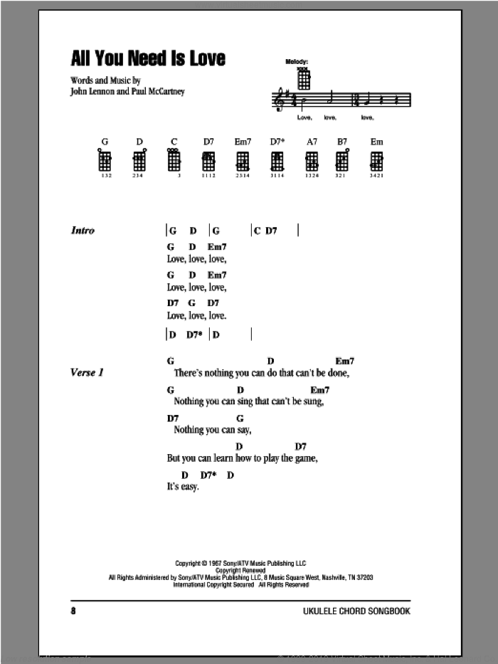 All You Need Is Love sheet music for ukulele (chords) by The Beatles, John Lennon and Paul McCartney, wedding score, intermediate skill level