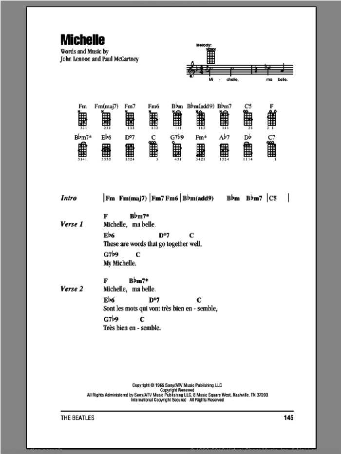 Michelle sheet music for ukulele (chords) by The Beatles, John Lennon and Paul McCartney, intermediate skill level